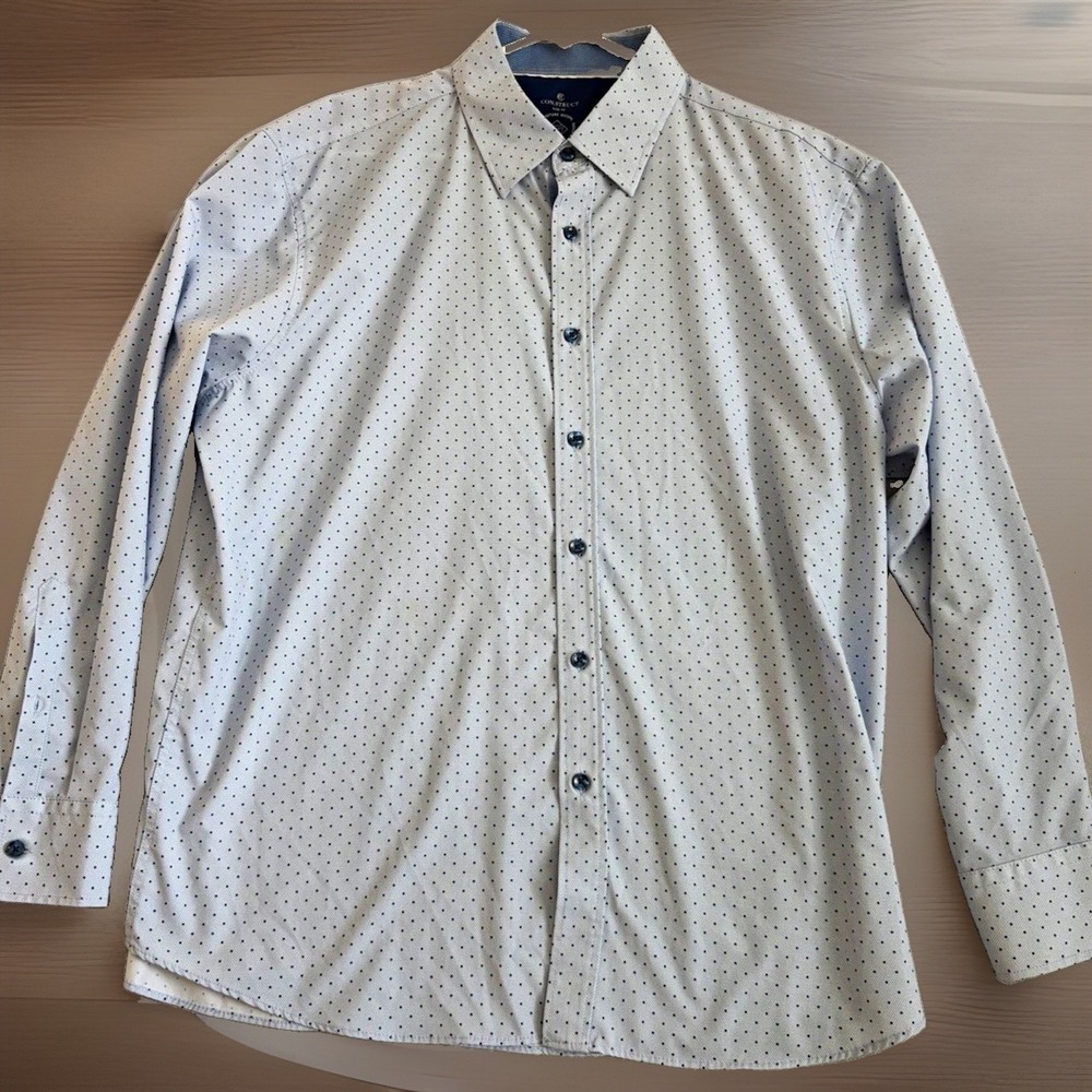 CON.STRUCT Mens Slim Fit XL Blue Polka Dot Button Up Shirt Quick Dry Stretch